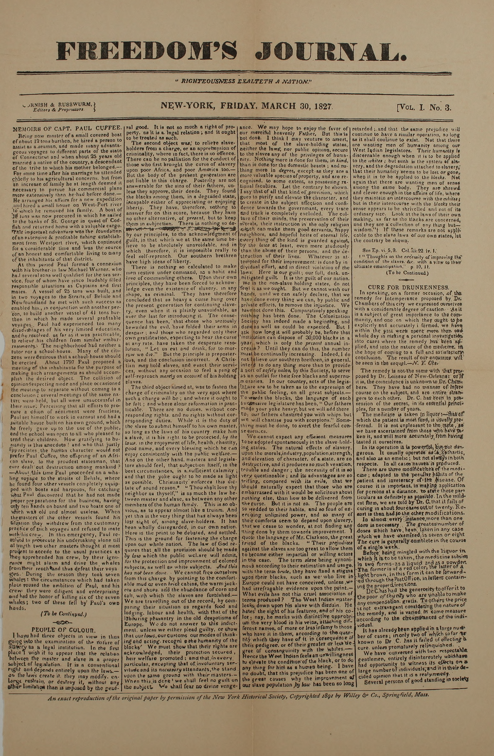 Front page of Freedom's Journal, volume 1 number 3
