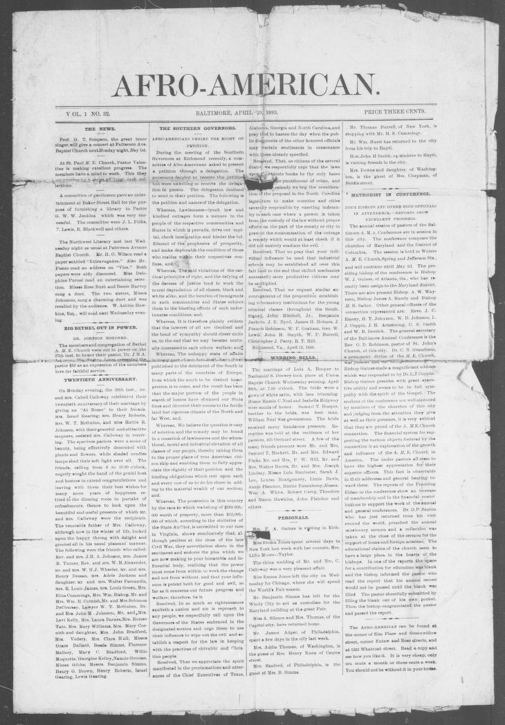 Front page of The Afro-American, published in Baltimore on April 29, 1893