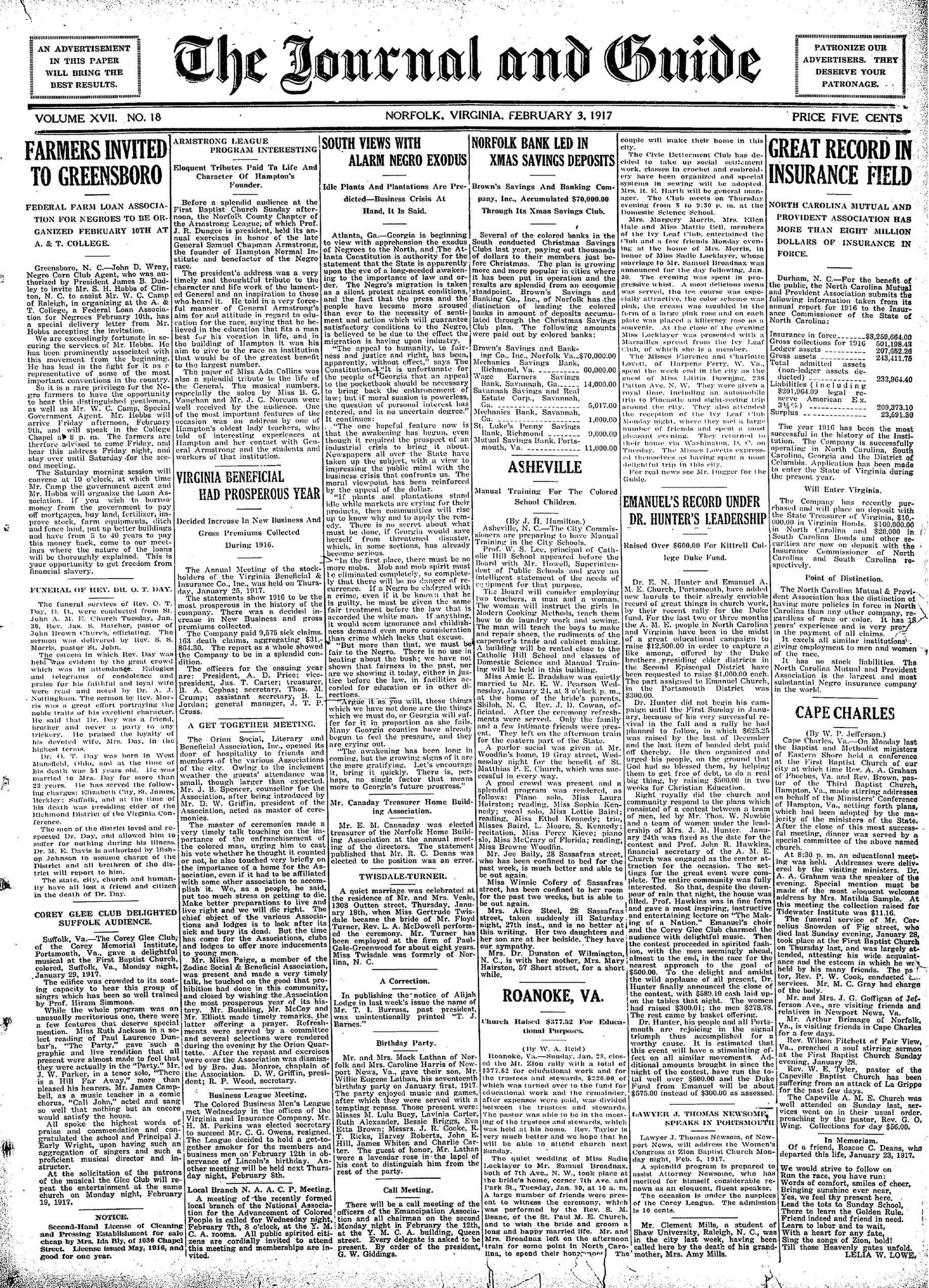 Front page of the Norfolk Journal and Guide, February 3, 1917